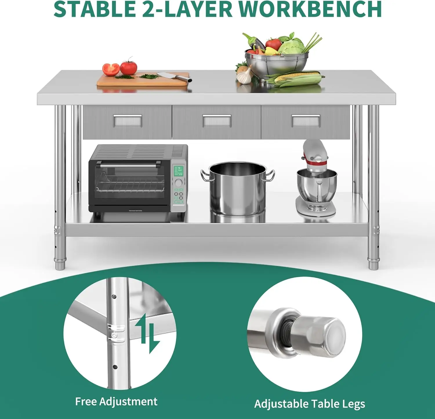 Meja Stainless Steel 60 inci X 24 "dengan 3 Laci, meja kerja NSF dengan laci, persiapan logam untuk rumah dapur restoran Amerika Serikat