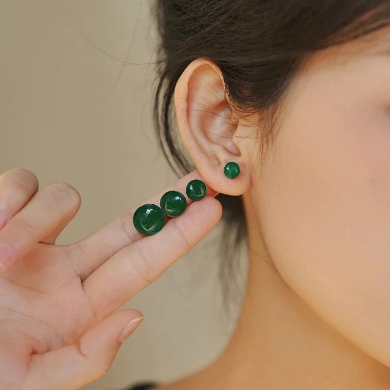 

925 Sterling Silver Charming 14K Gold 6/8/10MM Chalcedony Bead Stud Earrings for Women Classic Fine Jewelry Geometric Accessory