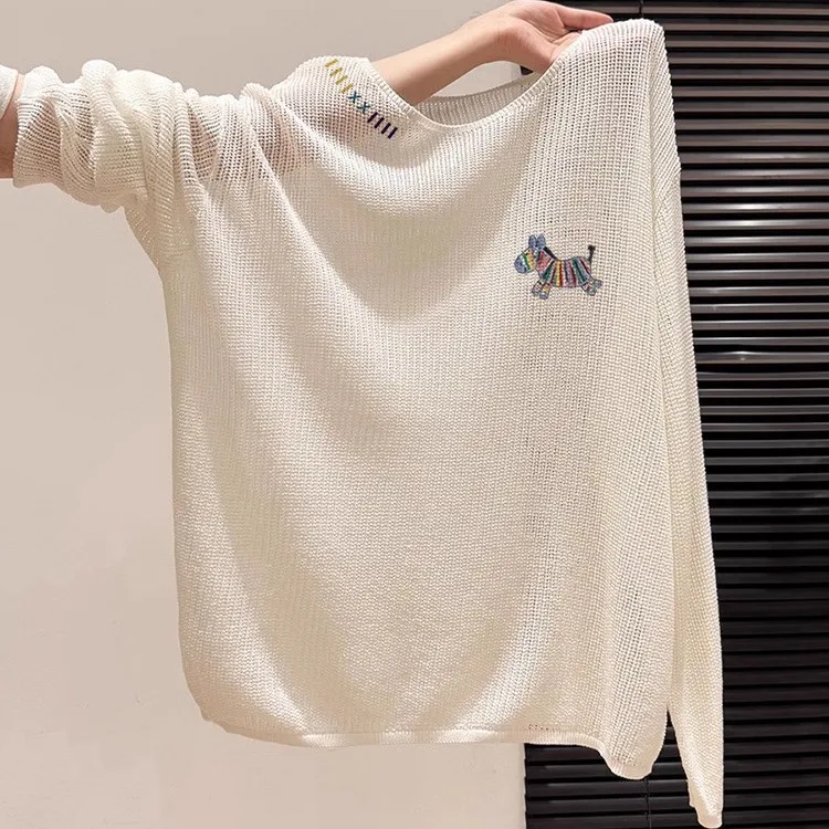 เสื้อยืดถักนิตติ้งสีน้ำเงินสำหรับผู้หญิง สัมผัสพรีเมียม รุ่นใหม่สำหรับต้นฤดูใบไม้ร่วง สไตล์ลำลอง ใส่สบาย ทรงหลวม แขนยาว คอกลม