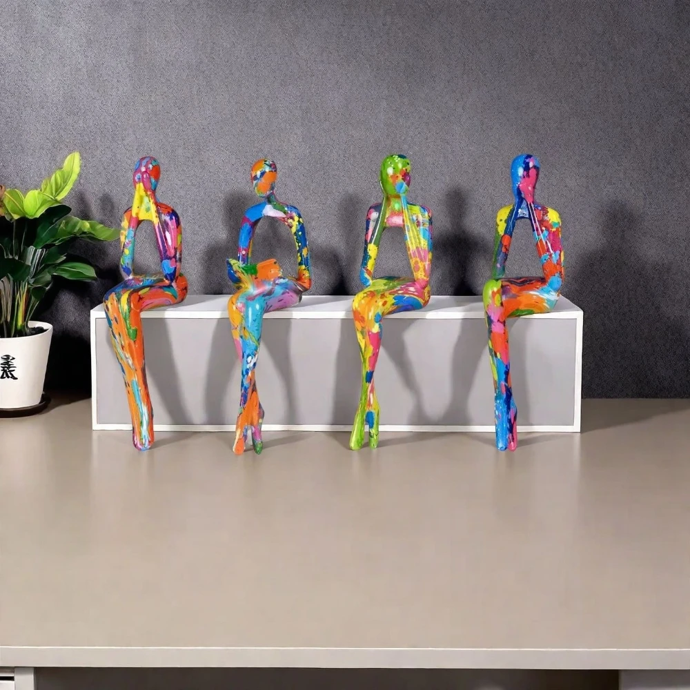 4-Piece Character Abstract Thinker Color Sculpture Ornament Art Home Decoration Living Room Desktop Study Bookshelf Crafts Gifts