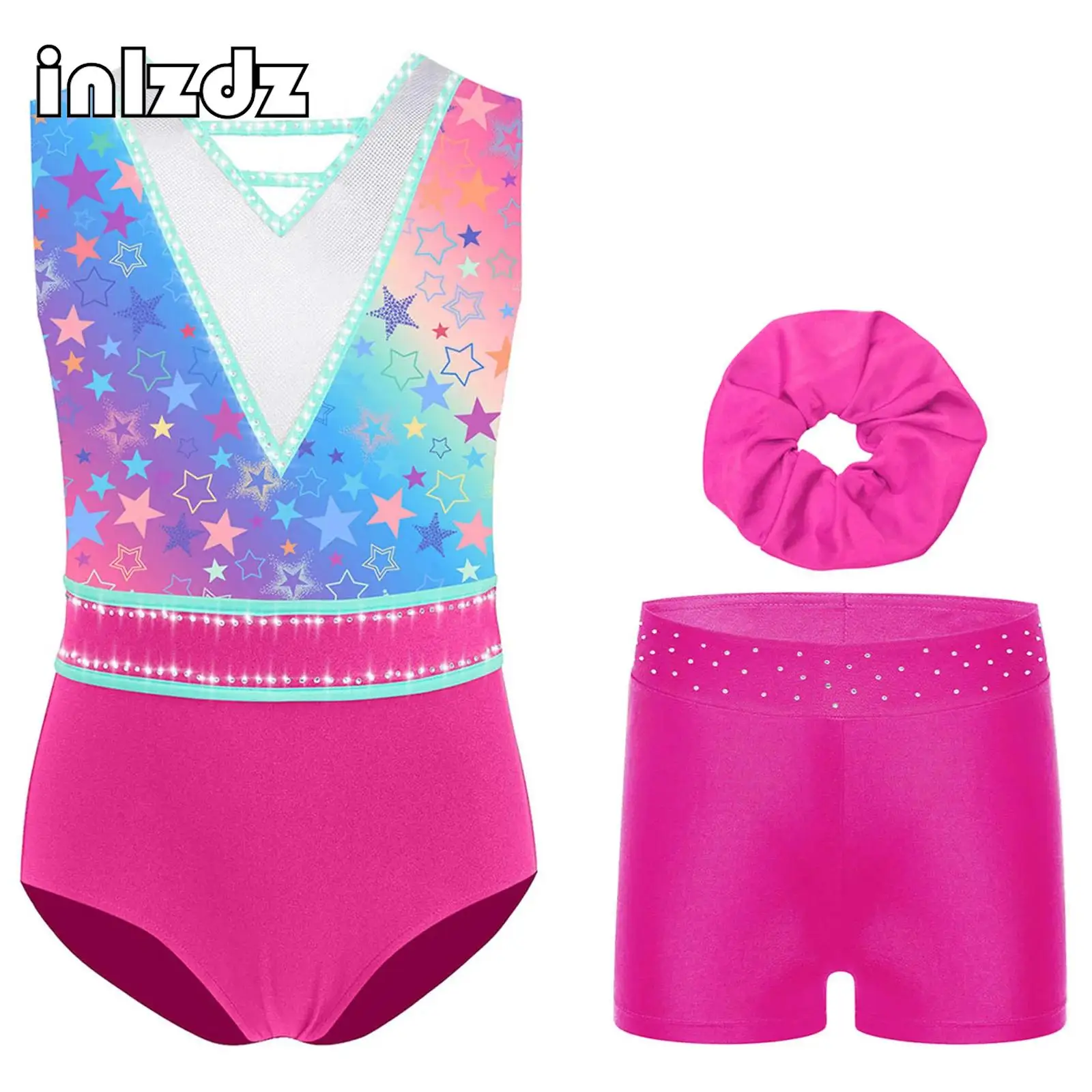 

Kids Girls Gymnastics Dance Leotard Outfit V-Neck U-Back Sleeveless Rhinestone with Shorts Headwear Figure Skating Dance Wear