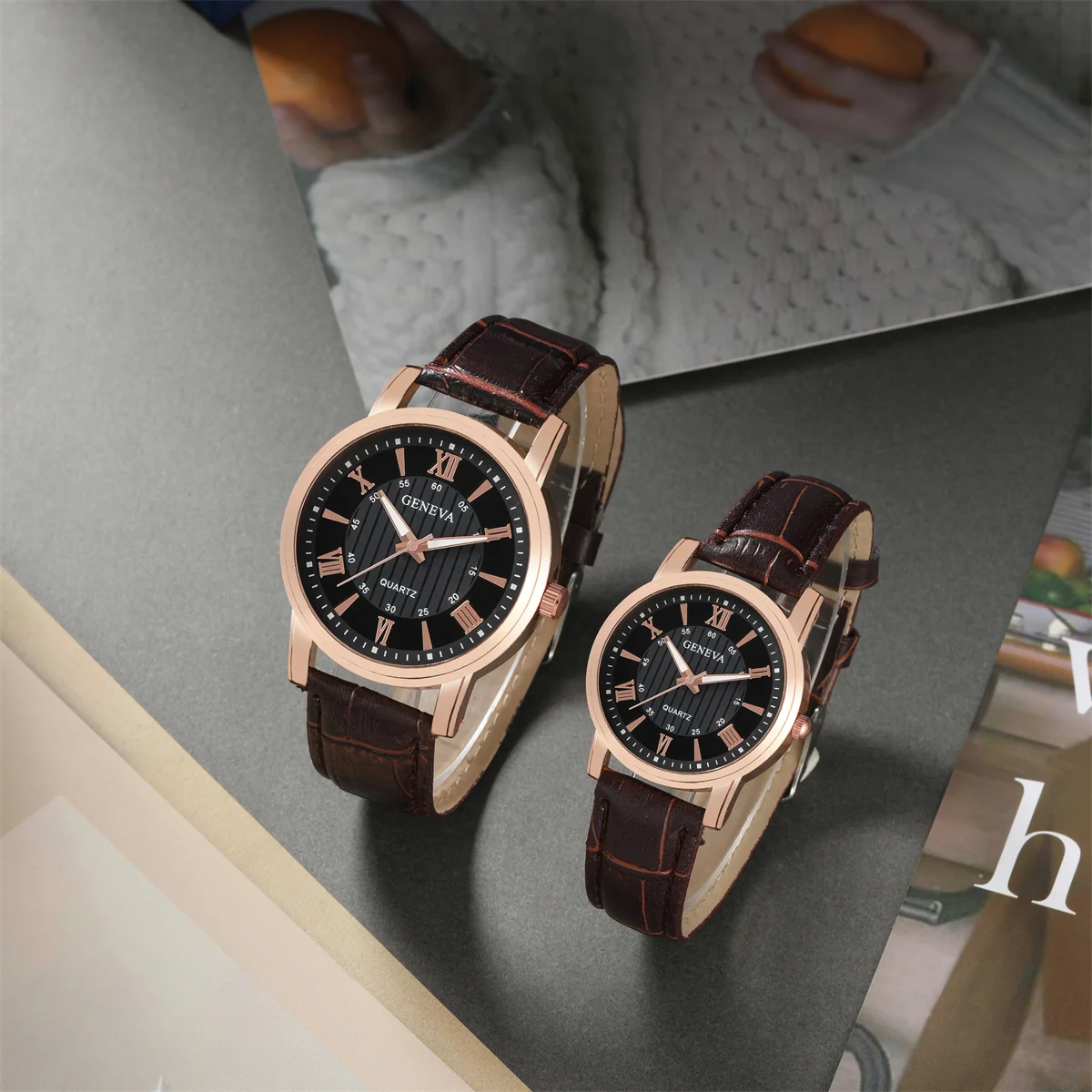 2PCS Fashion Couple Set Watches Luxury Men Women Business Casual Leather Quartz Watch Simple Brown Wristwatch