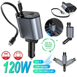 120W Car Charger Car Super Fast Charge Flash Charging, Telescopic Cable 4 in 1 Car Charger 2 USB Ports Adapter Compatible