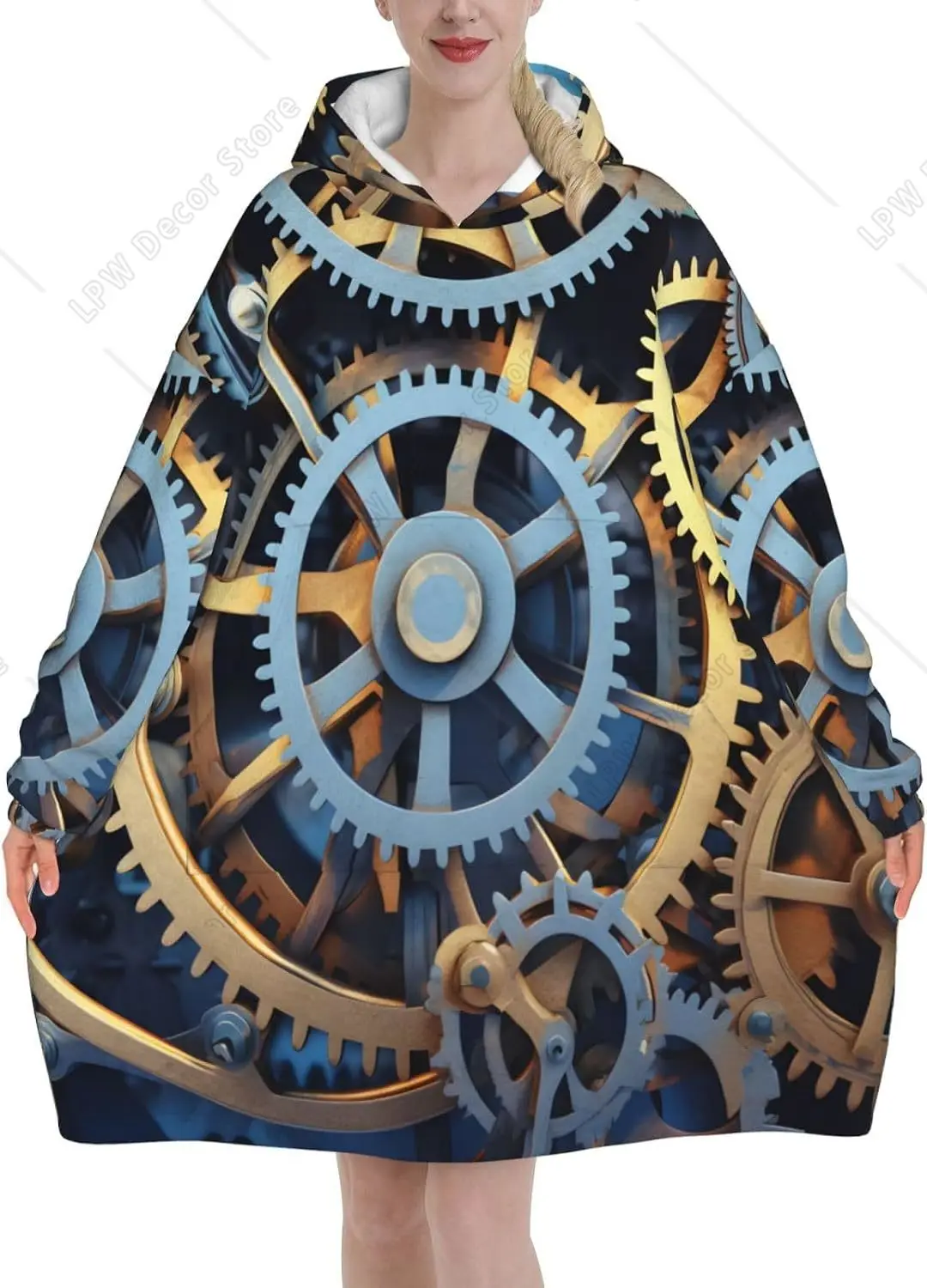 Clock Gears Wearable Blanket Hoodie For Women Men,Soft Warm Blanket Flannel Hooded Sweatshirt With Pocket
