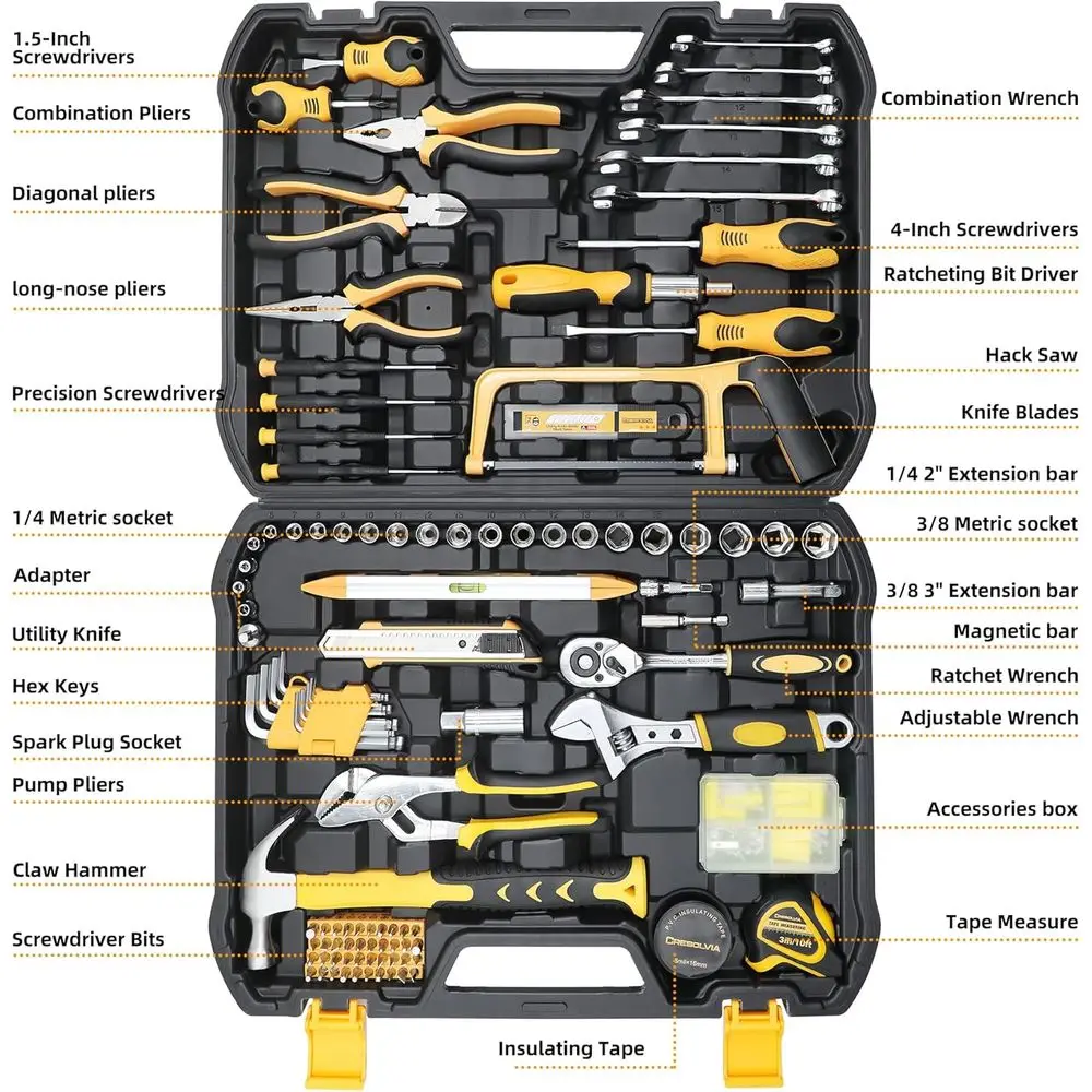 199-Piece Comprehensive Home & Auto Repair Tool Set with Plastic Storage Case for DIY Projects