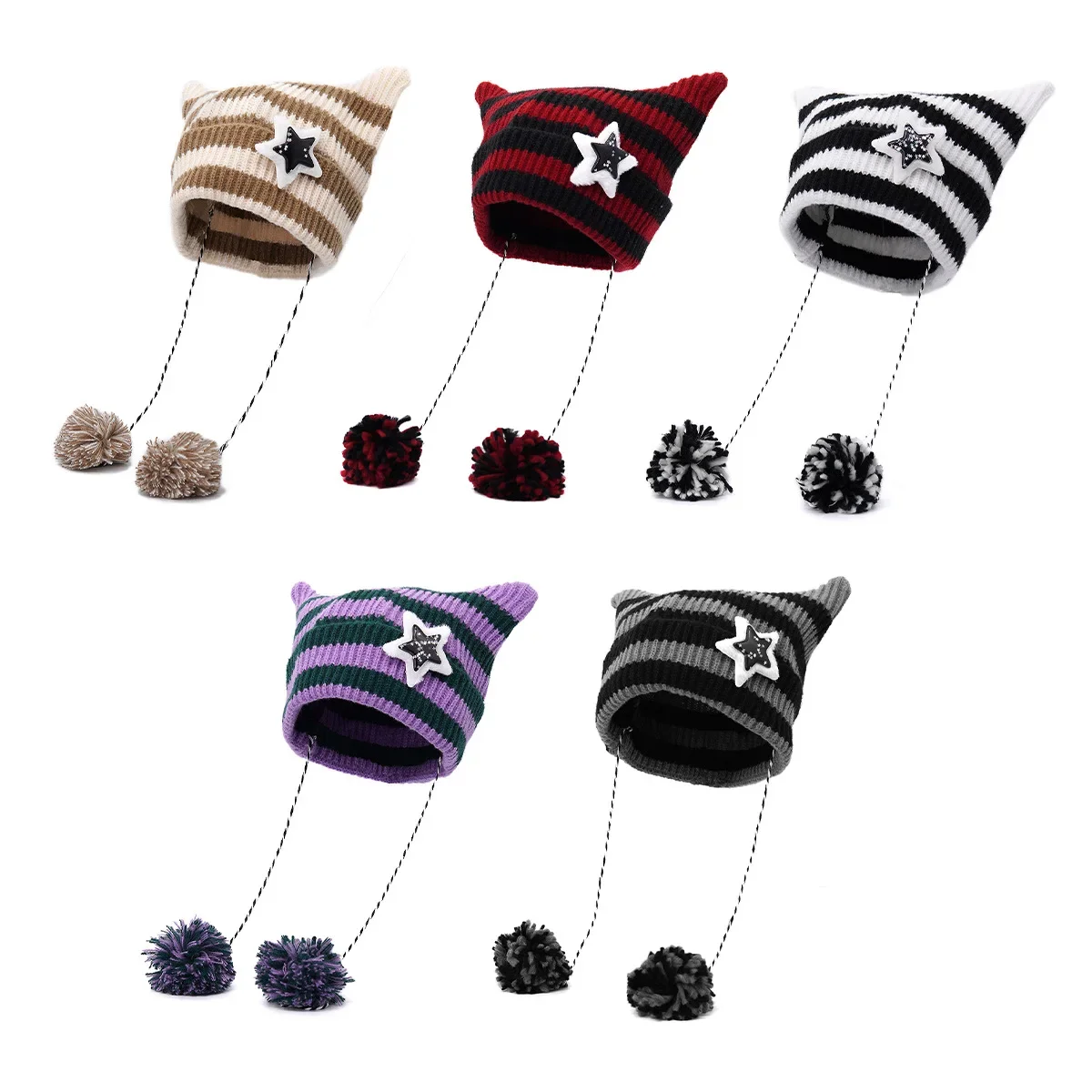 Japanese Y2K Cute Black White Striped Cat Ears Wool Hat Women Autumn Winter Warm Little Devil Hanging Ball Knitted Beanie Hat