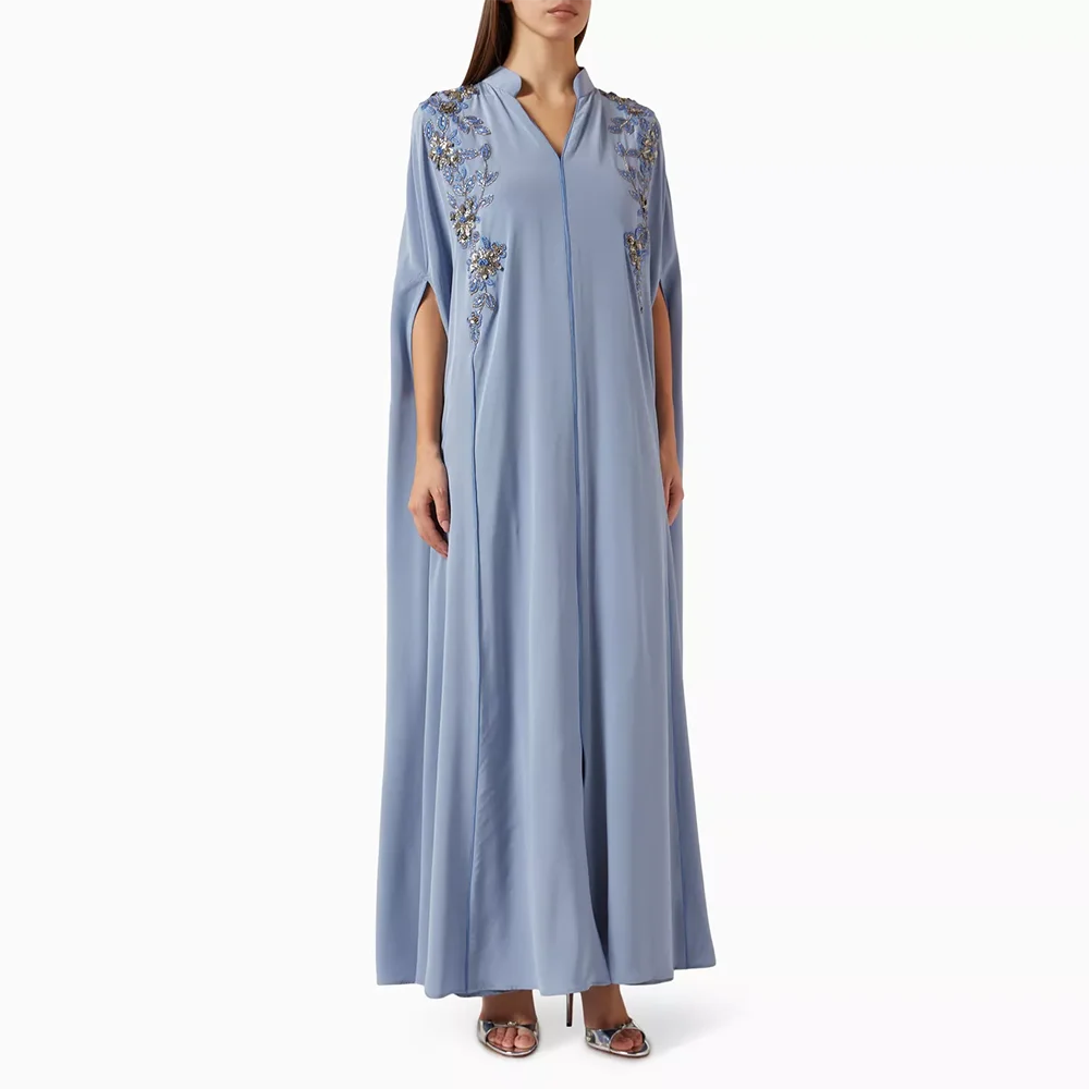 

Роскошные вечерние платья с v-образным вырезом и рукавами 3/4, бисер, кристаллический шифон, вечерние платья трапециевидной формы, платья для выпускного вечера длиной до щиколотки, платье по индивидуальному заказу