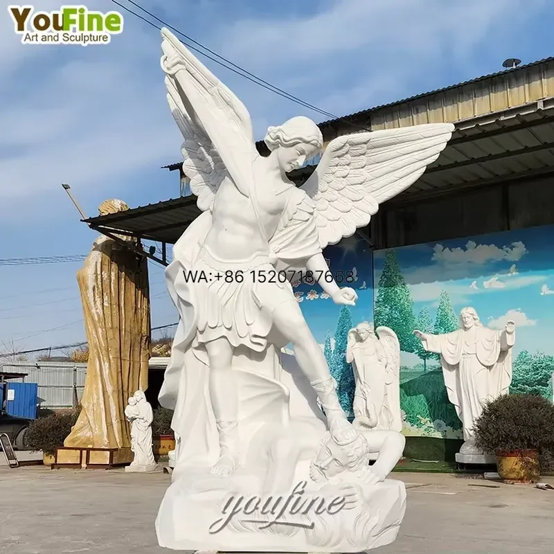 Wmwmnu for YouFine Life Size White Marble St Michael Archangel Statue Hand Carved Religious Sculpture for Church Garden