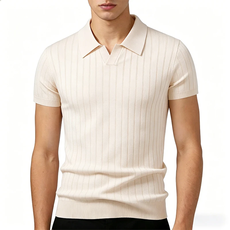 

Summer Men's Knit Pullovers Fashion Short Sleeve Knitted Sweater Slim Fit Turn Down Collar Knitwear Solid Breathable Tops Tees