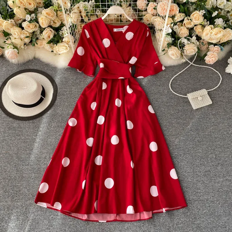 Chic Fashion Polka Dot Print Women Dress 2023 New Summer Elegant Vintage Bandage Slim Waist Big Swing Long Party Dress