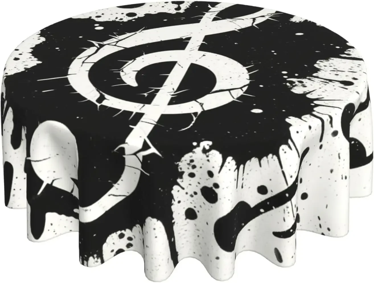 Music Notes Ink Splash Circle Tablecloth - Artistic Black White Musical Lover Diner Cover