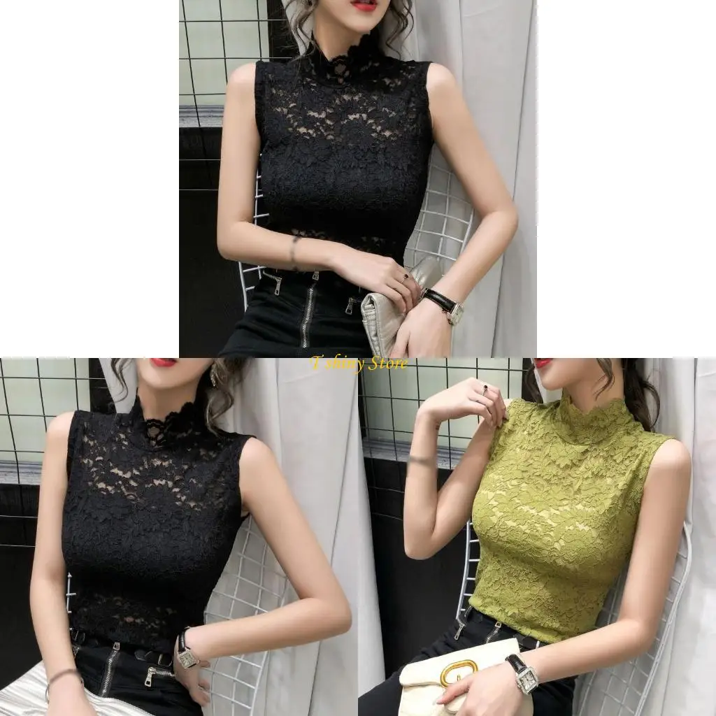 

N58F Women Sleeveless Mock Turtleneck Top Sleeveless High Turtleneck Lace Tops
