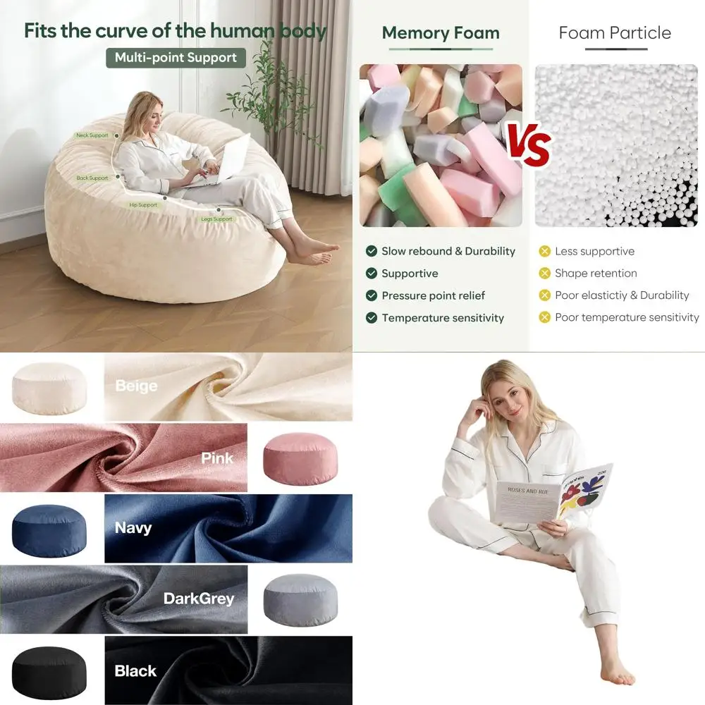 

3-футовое кресло-мешок для взрослых из пены с эффектом памяти, голландская бархатная ткань и наполнитель в комплекте, бежевый