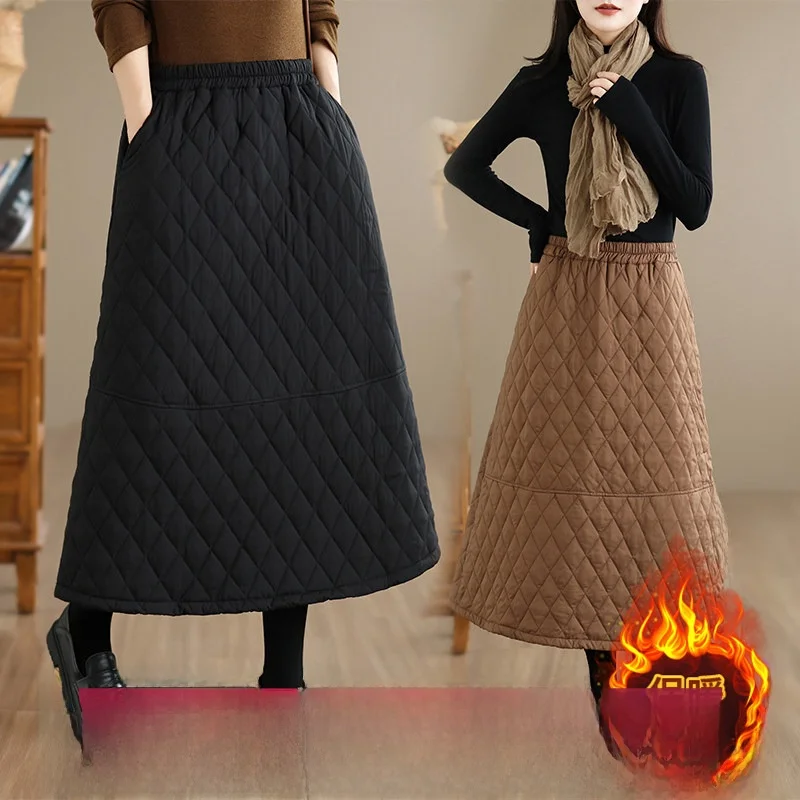 Winter Thickened Cotton Skirt High Waist Long A-Line Skirt Warm Windproof Washed Polyester Composite Fiber Ladies Skirt