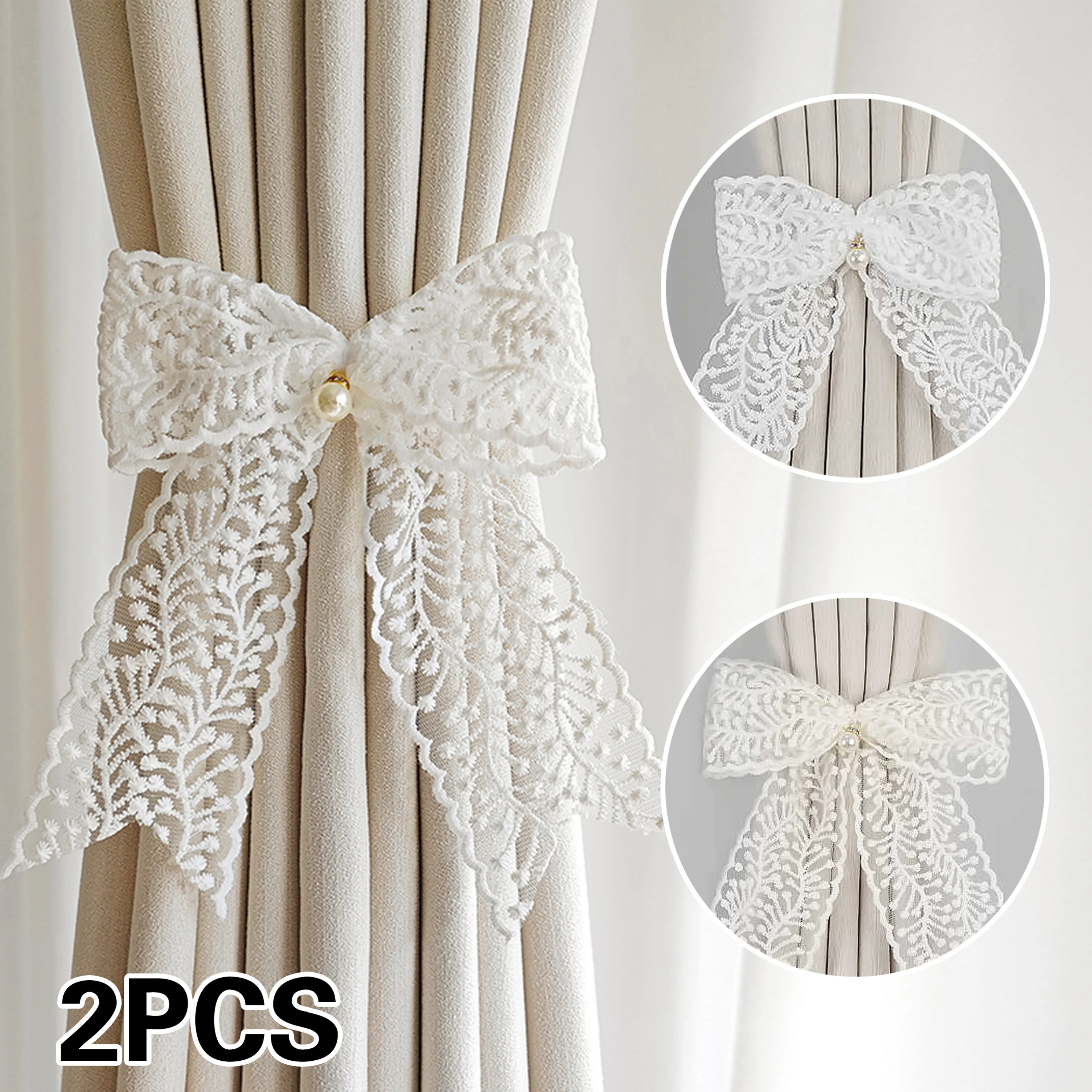 2 sets of lace bow curtain ties, light luxury style creative bow and pearl design, no punching adjustable curtain fastener