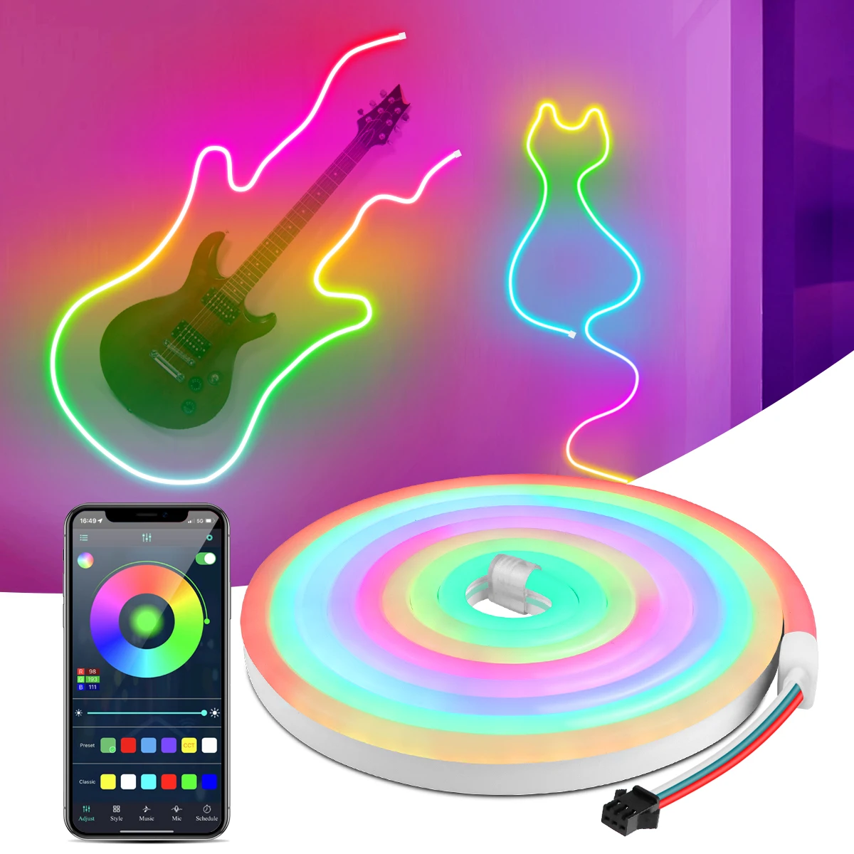 

24V RGBIC Dreamcolor Led Light Strip Bluetooth APP Control Waterproof Led Lights for Gaming Room Chasing LED Tape Neon Rope Lamp