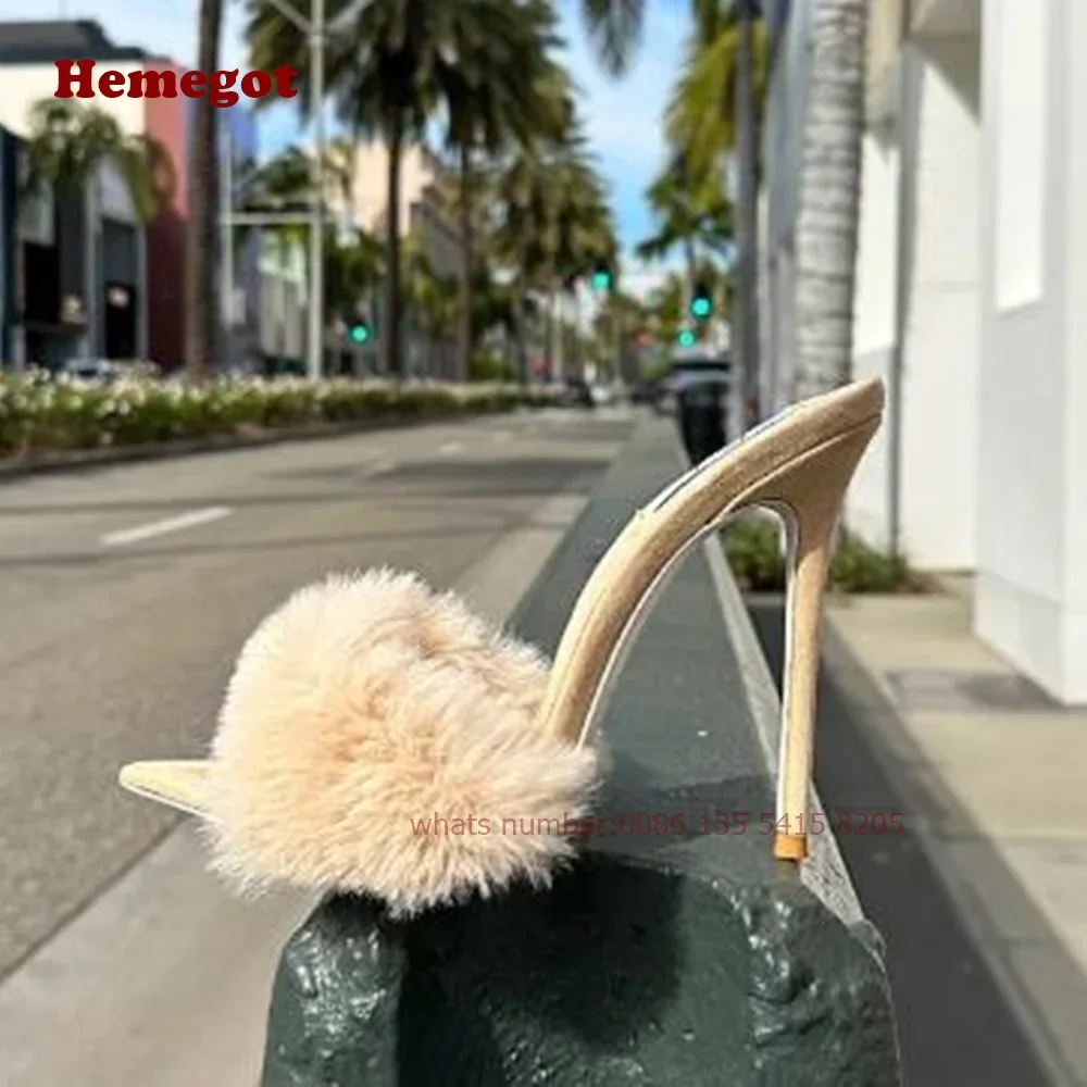 Мюли женские с мехом норки, Ванильная замша, заостренный носок, тонкий высокий каблук-шпилька, летняя повседневная обувь для вечеринок, пикантные шлепанцы