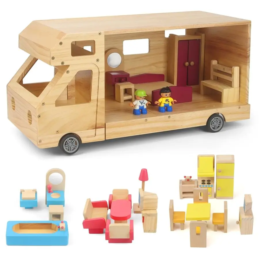 

RV Dollhouse with Furniture Set, Camper Car Toy for Kids, DIY Miniature Furniture Kit Included, Doll House Accessories and Furni