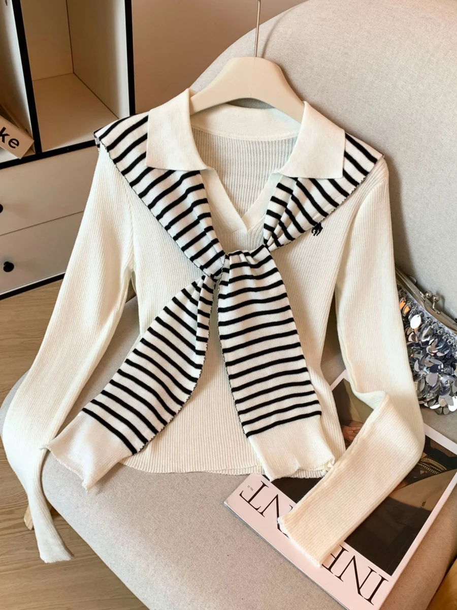 

Korean College Sle Striped oulder Wrap ort Sve Knitted irt Women Spring Autumn High End Casual Top Splice Pattern