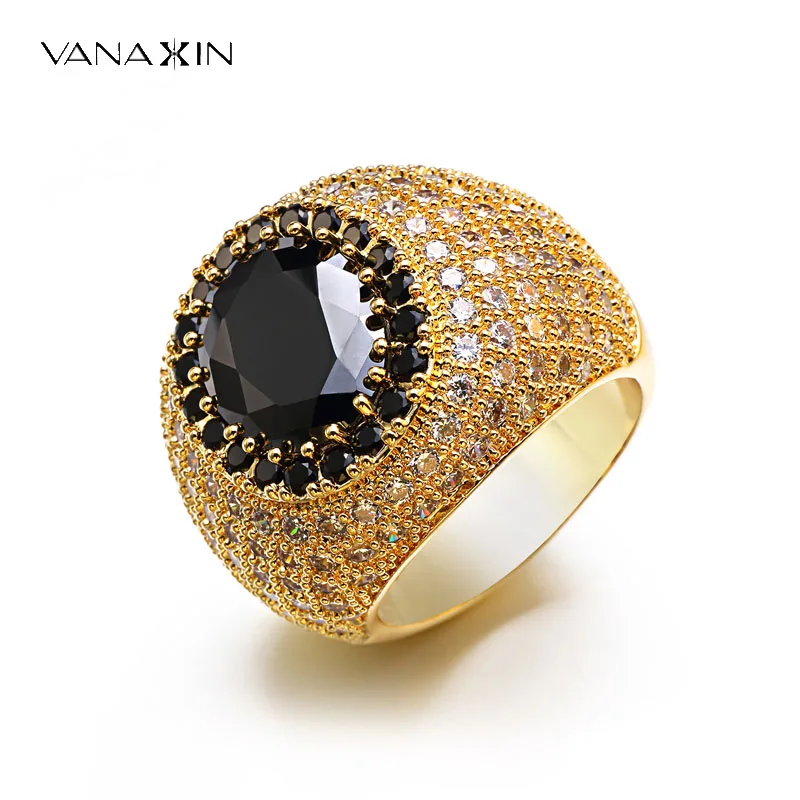 VANAXIN Big Round Black  Zircon Men's Ring Jewelry Paved  CZ Iced Out Trendy Hip Hop Fine Gifts for women