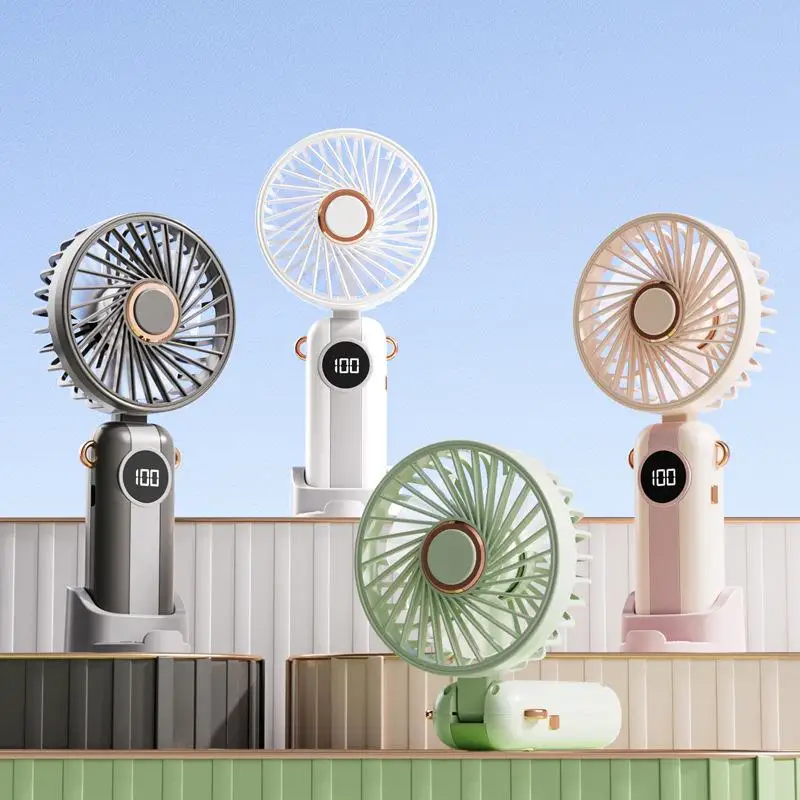 

Портативный ручной мини-вентилятор, складной, с креплением на шею, 5 скоростей, USB-зарядка, с подставкой для телефона и дисплеем