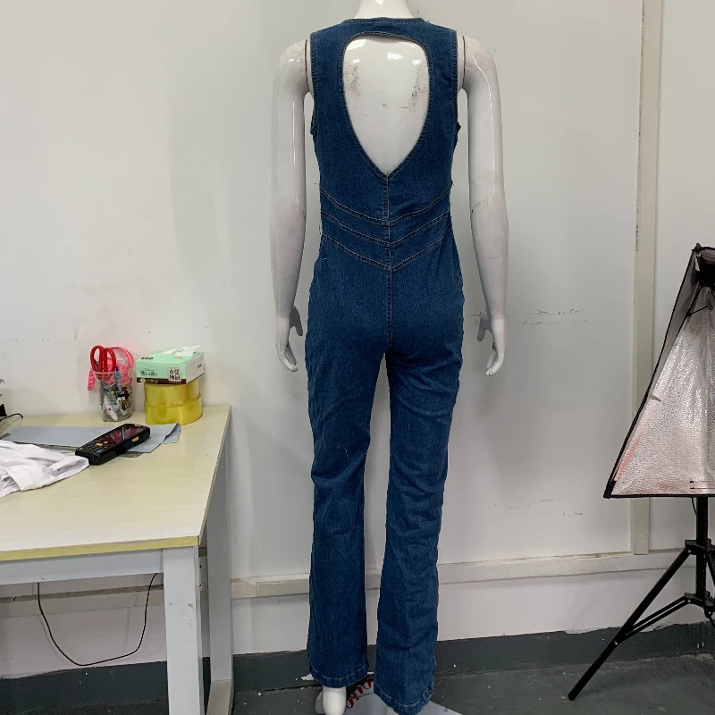 European and American women's slimming fashion sleeveless backless high waisted slightly flared denim jumpsuit wholesale summer
