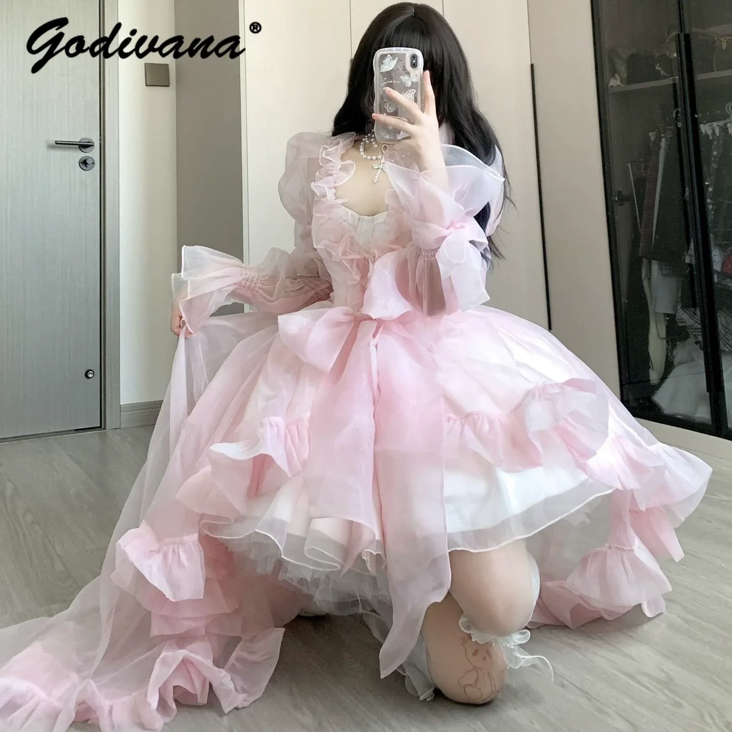 French Style Flower Wedding Dress Lolita Sweet Girl Women Fairy Tube Top Sling Dress with Long Cardigan Birthday Princess Dress