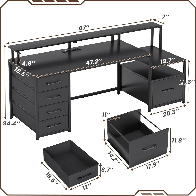 Computer desk with 5 drawers, electrical outlets and LED lights, 66'' home office desk with file drawers, storage space