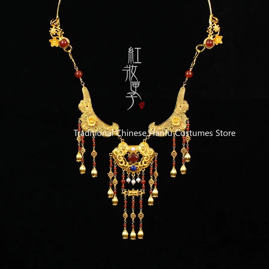 

Red Agate Tassel Necklace Ancient Bell Collar Traditional Chinese Peace Symbol Vintage Hanfu Cheongsam Wedding Accessories