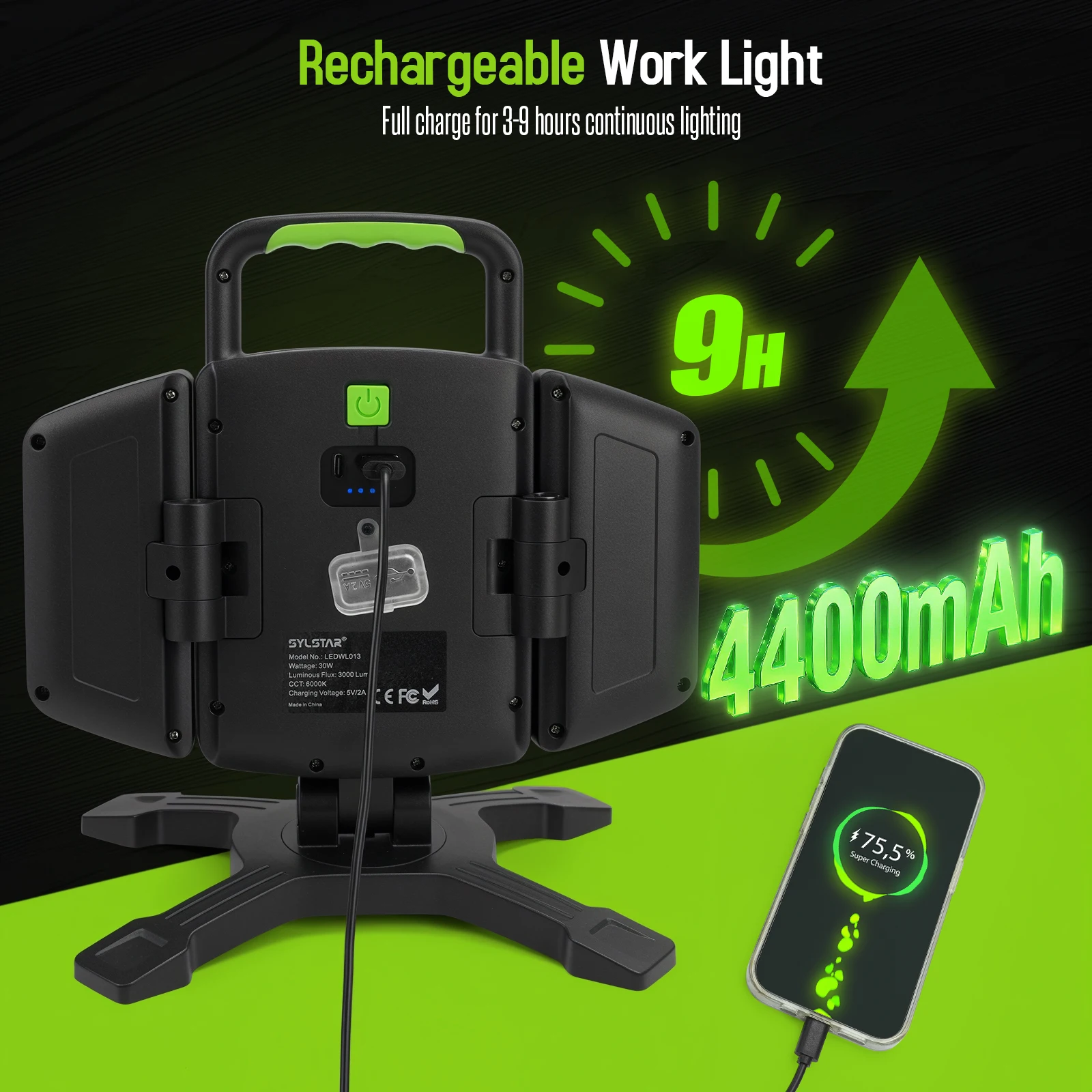 Luz de trabalho led magnética recarregável de 3000 lúmens, 30w super brilhante com carregamento de emergência, dobrável à prova d'água para acampamento de garagem