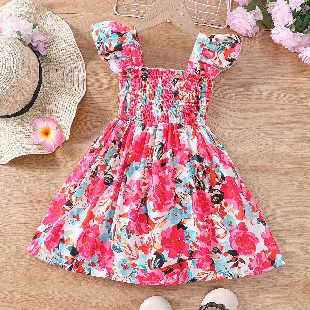 

2024 Summer New Arrival Girls Sleeveless Ruffles Print Floral Blue Cute Party Princess Dress Custume 4-7T