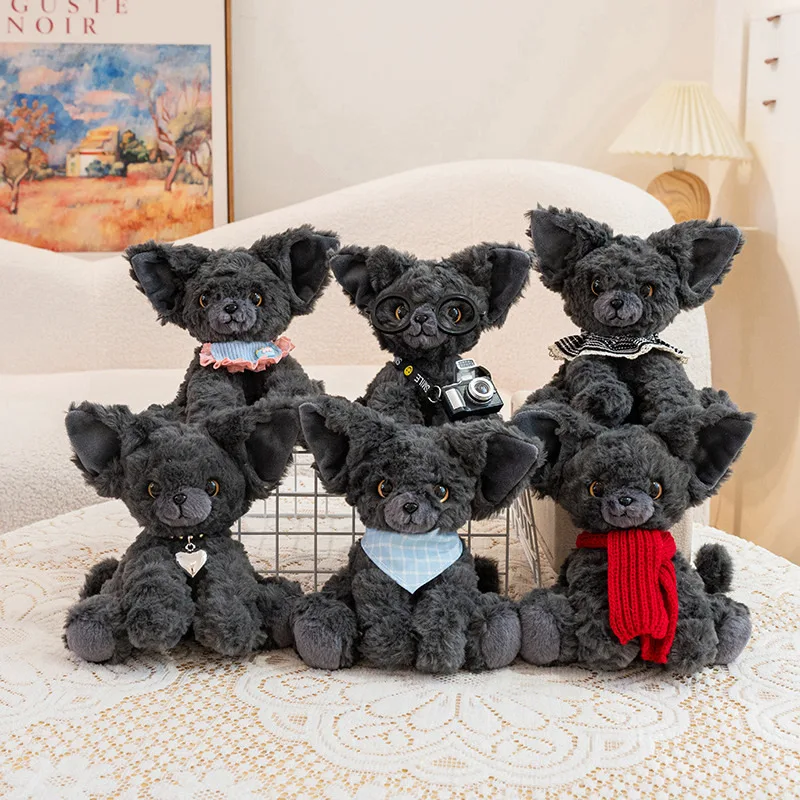 13cm Small Black Devon Rex Cat Plush Toy Cute Kitten with Camera Scarf Decor Soft Cartoon Cat Stuffed Toy Kawaii Desk Decor