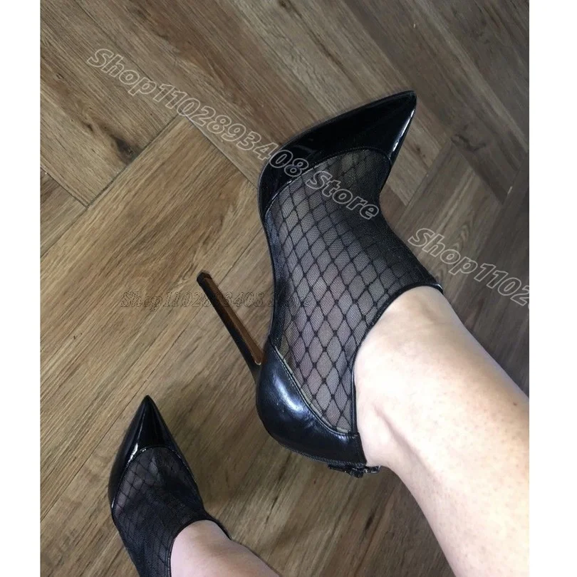

Black Air Mesh Patchwork Design Pumps Pointed Toe Back Zipper Fashion British Style Women Party Pumps 2025 Zapatos Para Mujere