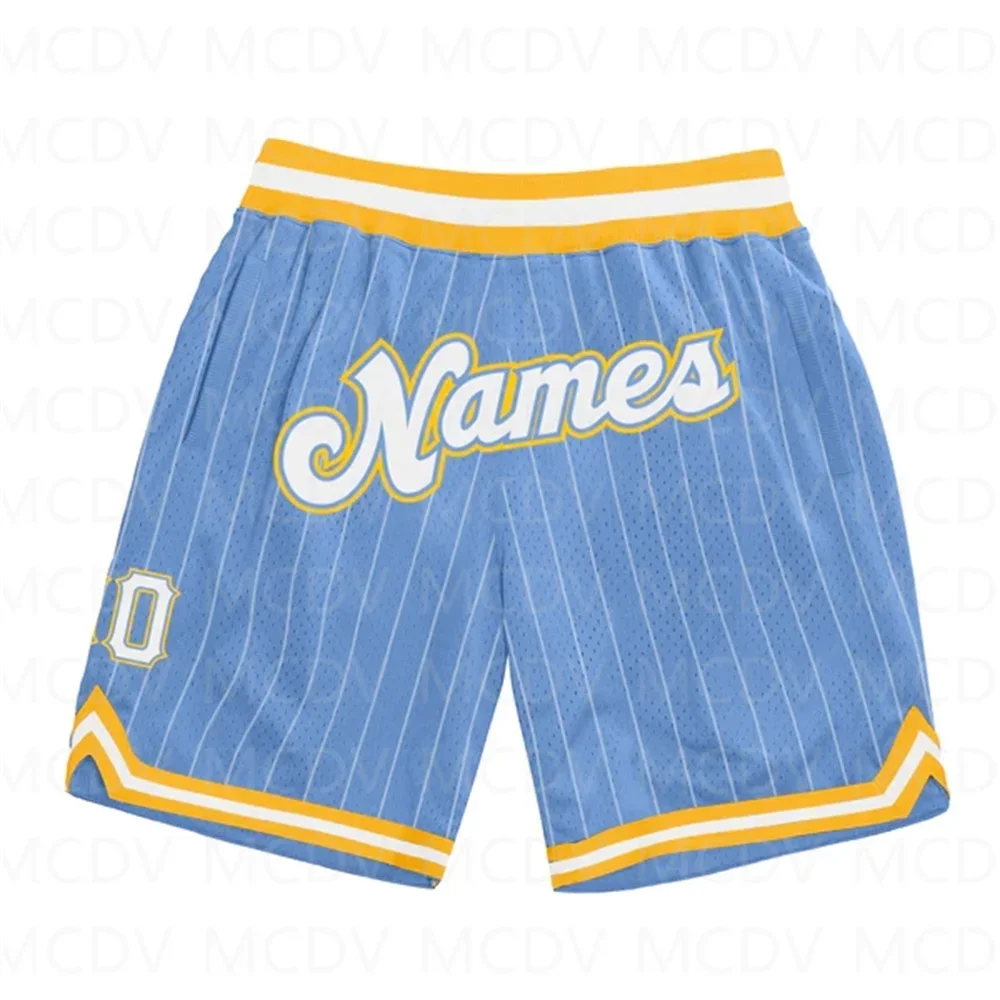 Shorts de praia masculino de secagem rápida, impresso em todo o basquete autêntico 3D, riscas brancas azuis claras personalizadas