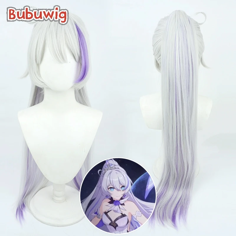 Bubuwig Synthetic Hair Kiana Kaslana Cosplay Wigs Honkai Impact 3rd 100cm Silver White Mixed Purple Ponytail Wig Heat Resistant