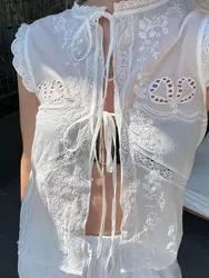 HH Women Summer New Fashion Chic Bow Decorated Commuting Shirt Crew Neck Lace Up Female Sleeveless Top Street Shirts