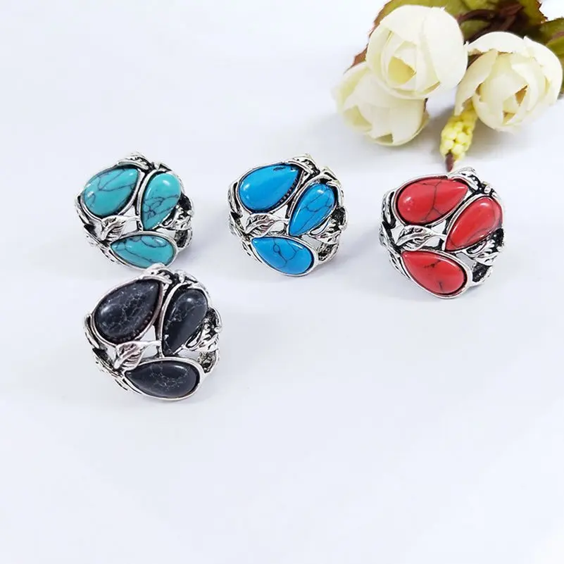 10pcs Colorful Natural Stone Rings Jewelry For Women Men Vintage Antique Silver Plated Rings Wholesale Jewelry Anillos