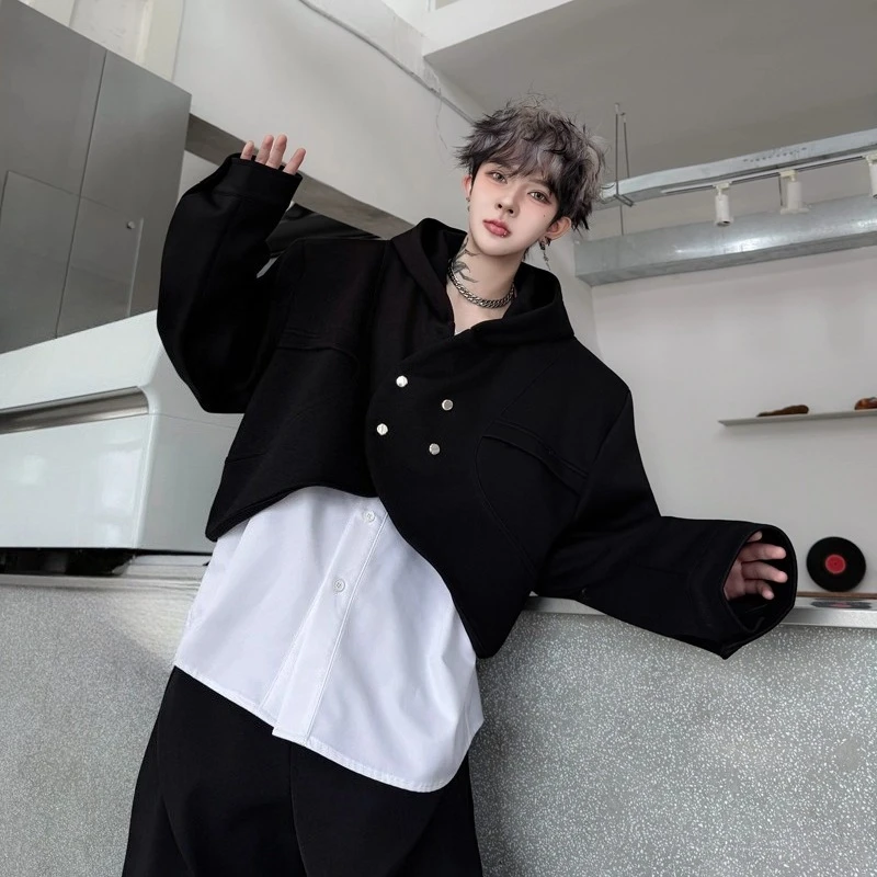 2025 Autumn New Contrast Color Hooded Jackets Men Faux Two-Piece Design Trendy Tops Male Handsome Long Sleeve Fashion Chic Coats