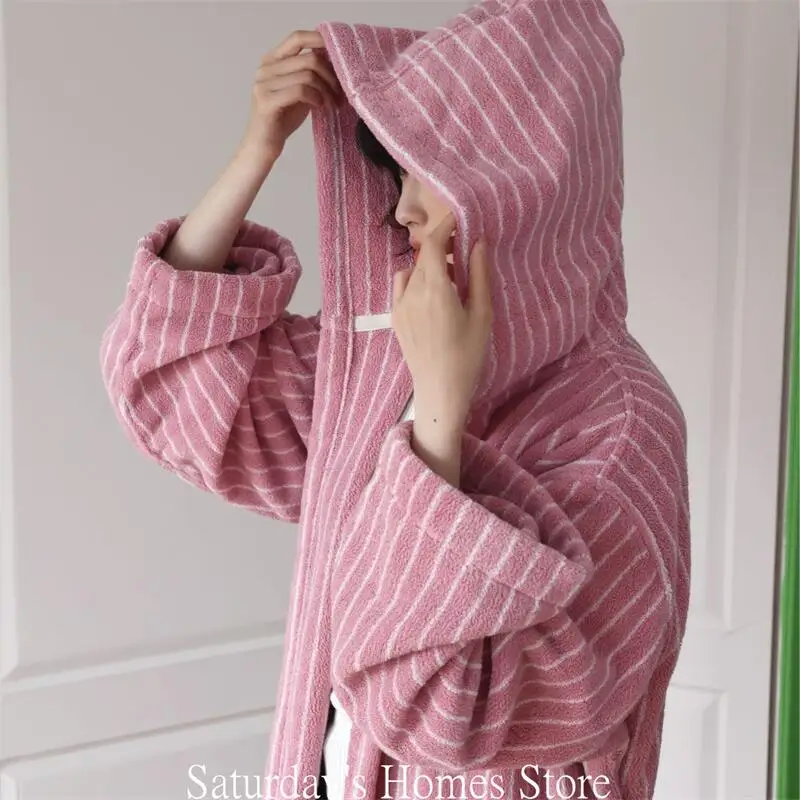 Striped Color ,atching Hooded Bathrobe, Pure Cotton Combed Cotton Jump Color Couple Towel, Absorbent Bathrobe