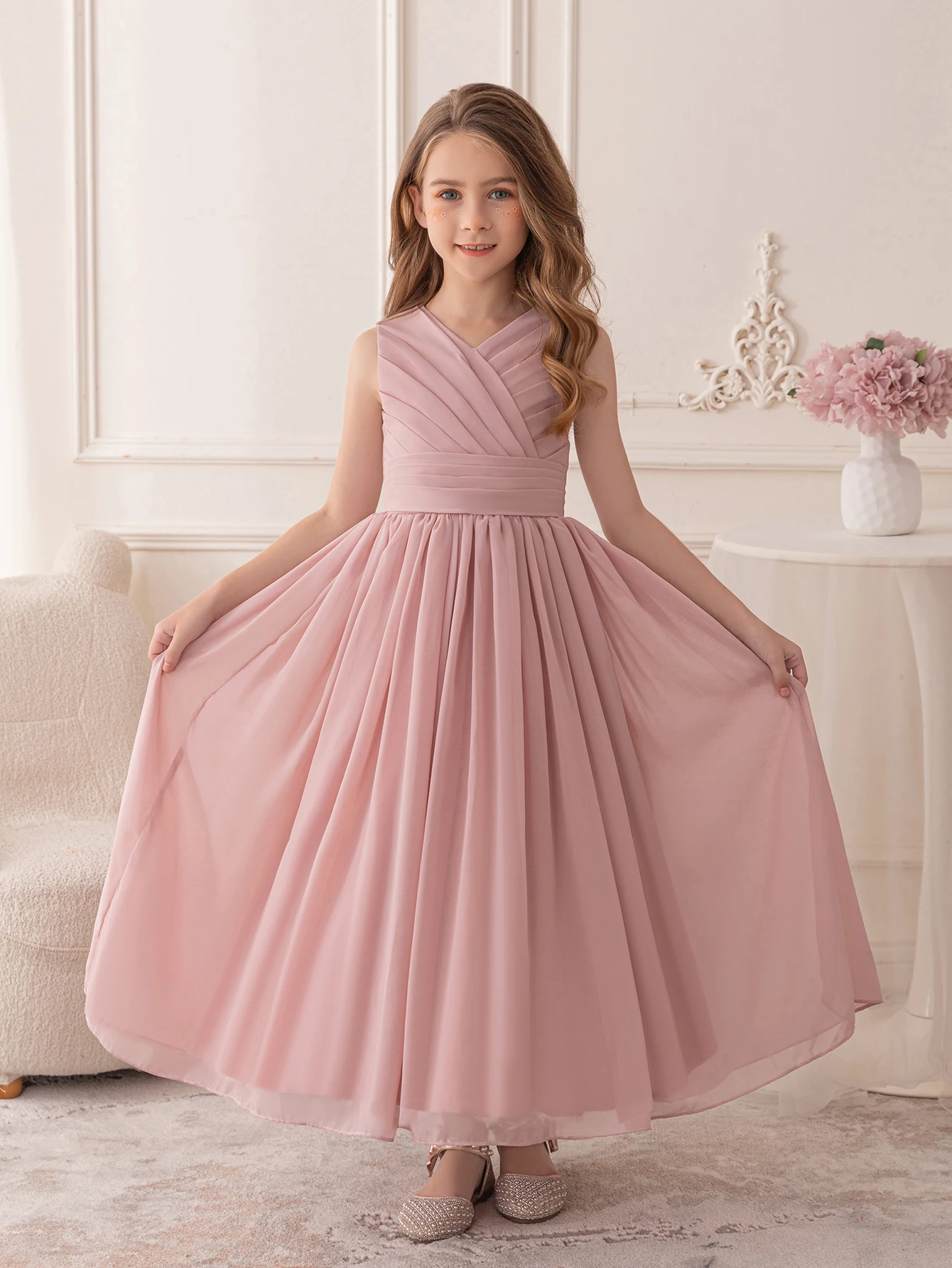 Tween Girls Pink Chiffon Dresses Wedding Party Long Dress Evening Gown