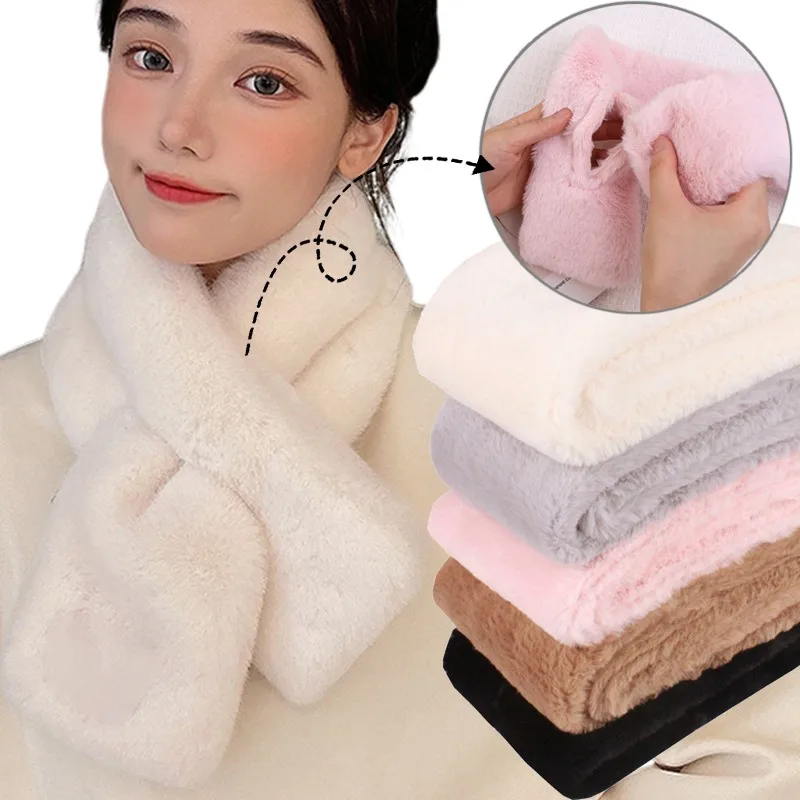 Women Winter Warm Thicken Scarfs Solid Color Faux Rabbit Fur Plush Cross Collar Scarf Shawl Elegant Warm Soft Comfortable Scarf