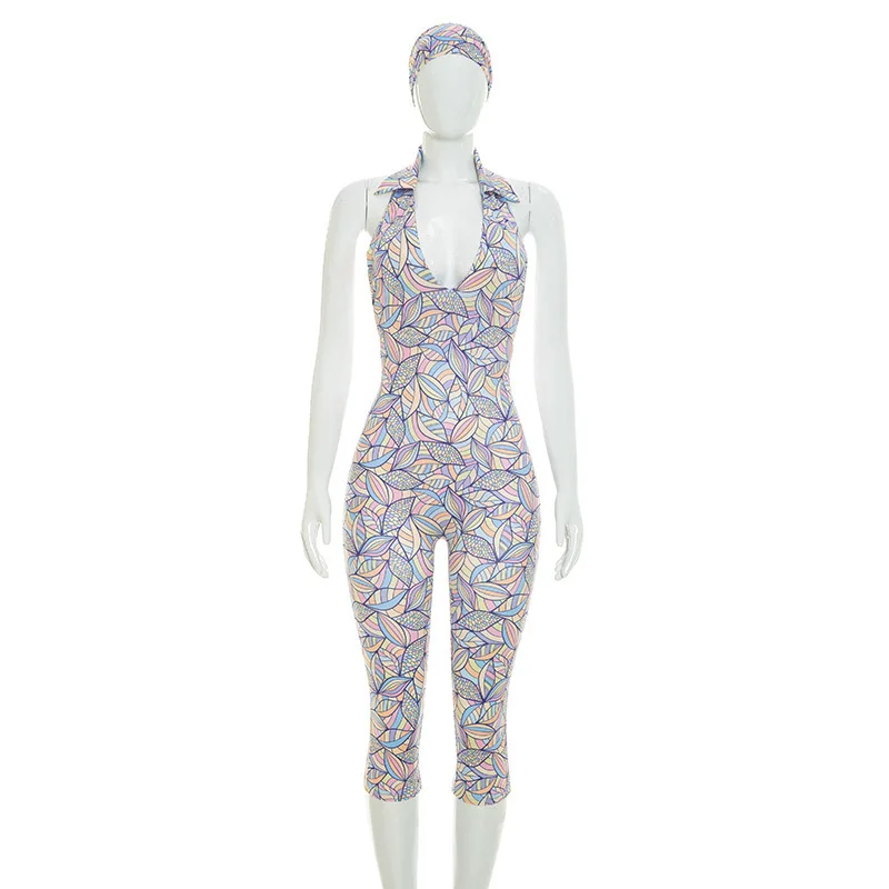 

New European and American style women's color printed headband backless tight fitting jumpsuit