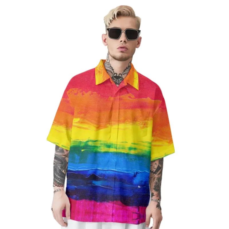 

Rainbow Color Pattern Print Shirt Men's Hawaiian Chest Pocket Shirt Casual Short Sleeve Daily Smart Business Shirt For Men