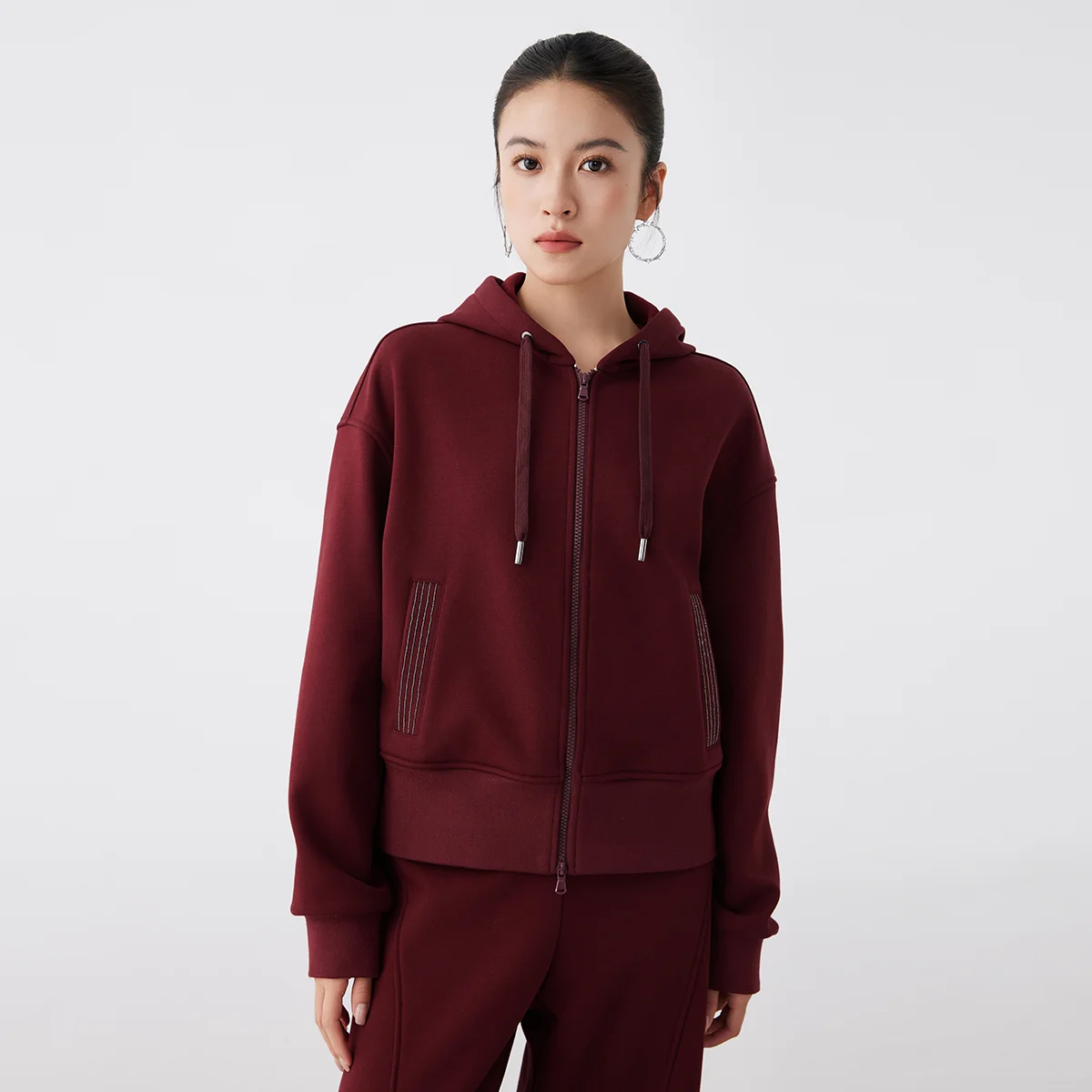 

K2757W Women's Hooded Jacket Light Luxury High-End Mixed Cotton Zipper Casual Fashionable Outerwear for Ladies