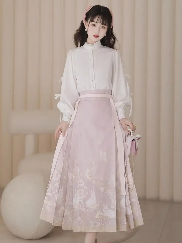 Autumn Ming Dynasty Lace Collar Long Sleeved Shirt Rabbit Printed Horse Face Skirt Women Improved Chinese Style Hanfu Dresses