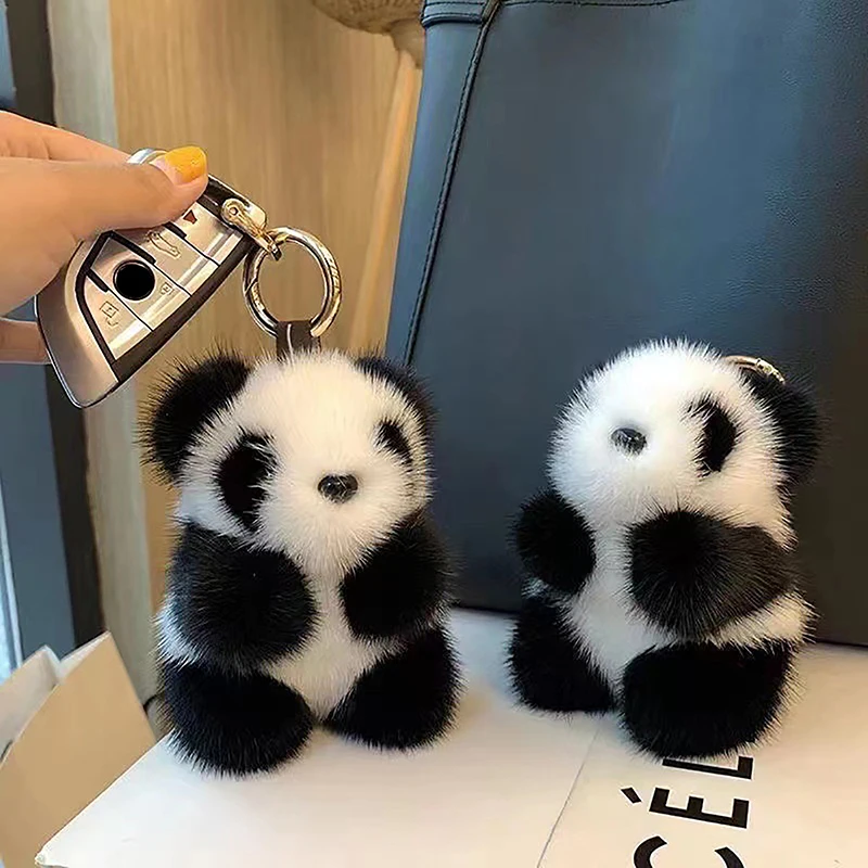 Small Panda Plush Doll Women Bag Ornaments Cute Imitation Mink Fur Panda Car Keychain Cute Bear Car Key Chain Fashion Girls Gift