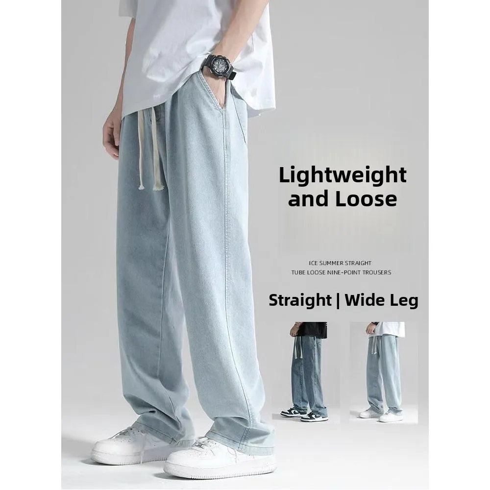 

Slim Fit Men's Jeans Casual Thin Summer Loose Wide Leg Pants No Magnet No Iron Youthful Sle Polyester Fiber Long Trousers