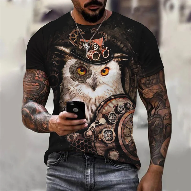 3D Printed Cool Owl T-Shirt For Men Funny Animal Pattern Tees Summer Oversized Round Neck Tops Short Sleeve T Shirts Streetwear