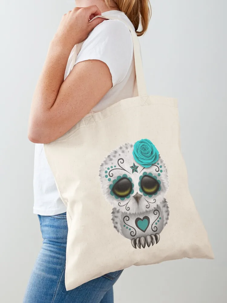 

Cute Teal Blue Day of the Dead Sugar Skull Owl Tote Bag Gift bags sac pour femme Beach bag shopper bags for women