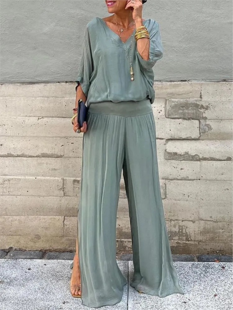 Summer New Women Solid 2 Piece Set Fashion V-neck Top Chiffon Long Pants Suit Elegant Loose Office Casual Female White Sets